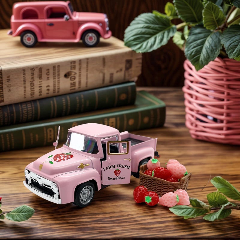 YimiBloss 4.9â€³ Mini Vintage Strawberry Pink Metal Farm Truck Decor with Fake Strawberries, Home Kitchen Centerpieces for Tables Farmhouse Pickup Tiered Tray Stand Decorations, Spring & Christmas Desk Display - Image 2