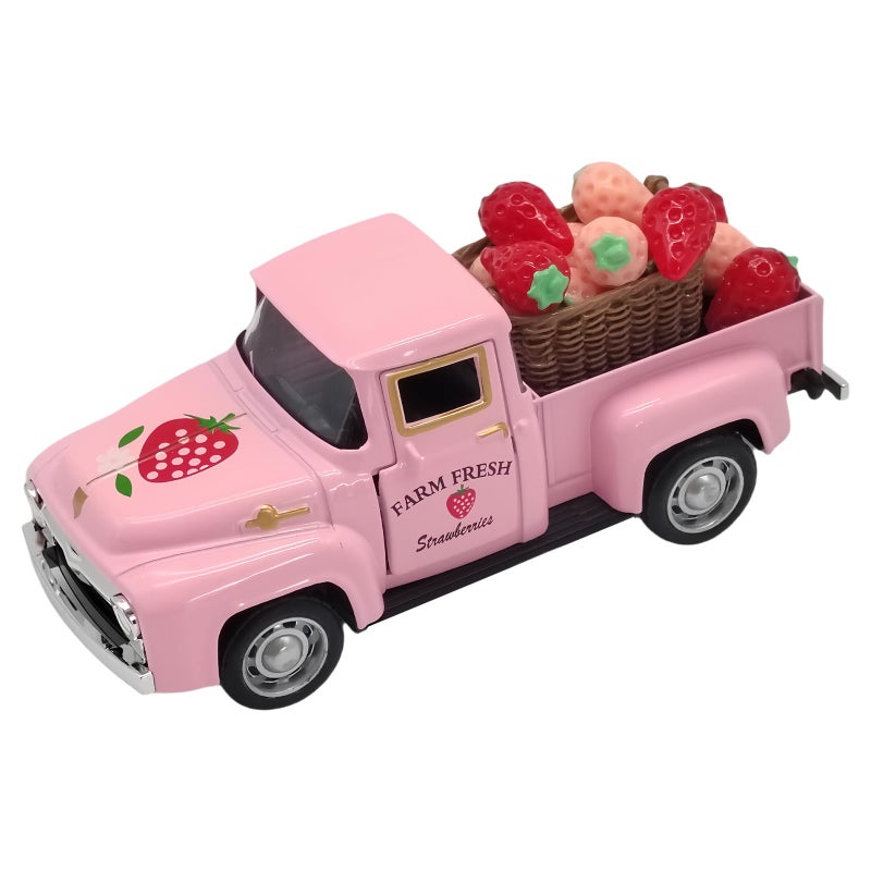 YimiBloss 4.9â€³ Mini Vintage Strawberry Pink Metal Farm Truck Decor with Fake Strawberries, Home Kitchen Centerpieces for Tables Farmhouse Pickup Tiered Tray Stand Decorations, Spring & Christmas Desk Display - Image 1