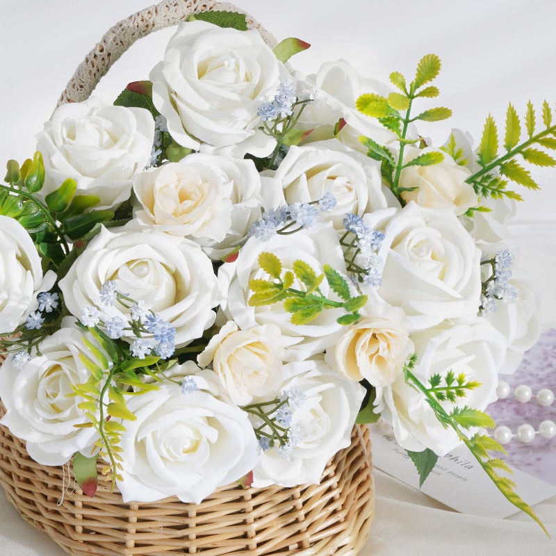 BLEUM CADE 50 Pcs White Roses Artificial Flowers, Real Touch Velvet Roses Bouquet Fake Flowers Bulk, Artificial Roses with Long Stems for Birthday Gift Women Mom DIY Bridal Wedding Centerpiece Decorations - Image 3
