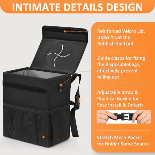 Vankor 3 Gallons Car Trash Can with Lid, Bag Bin Hanging Waterproof Automotive Car Garbage Cans Leak Proof Vehicle Trash Can Black - Image 4
