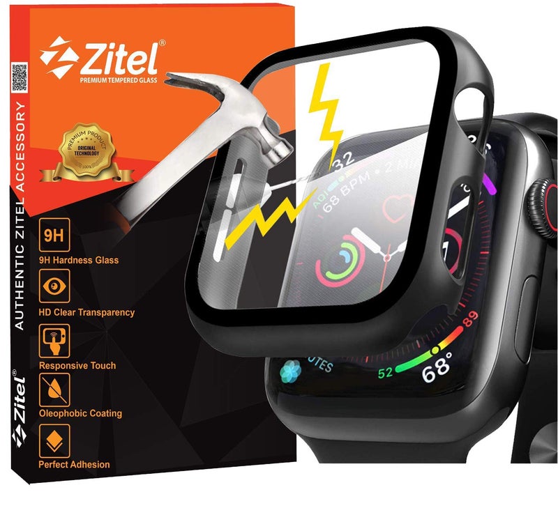 comfast Zitel Case with Screen Protector Compatible for Apple Watch SE 2nd gen 2022 / SE 1st gen/Series 6/5/4, 44mm Hard PC Cover with Built-in 9H Tempered Glass - Matte Black - Image 1