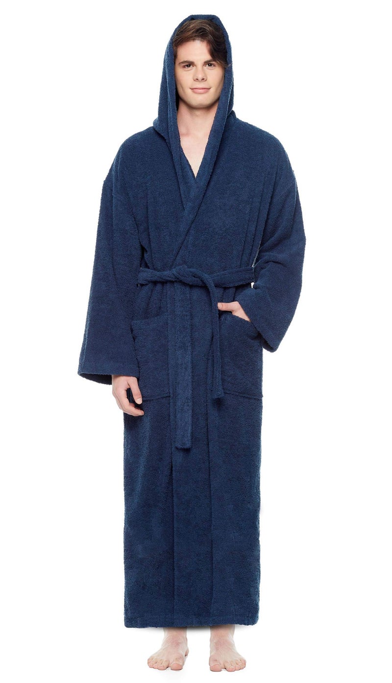Arus Arus Mens Hooded Classic Turkish Cotton Bath Robe with Full Length Options Navy Blue, XX-Large  - Image 1