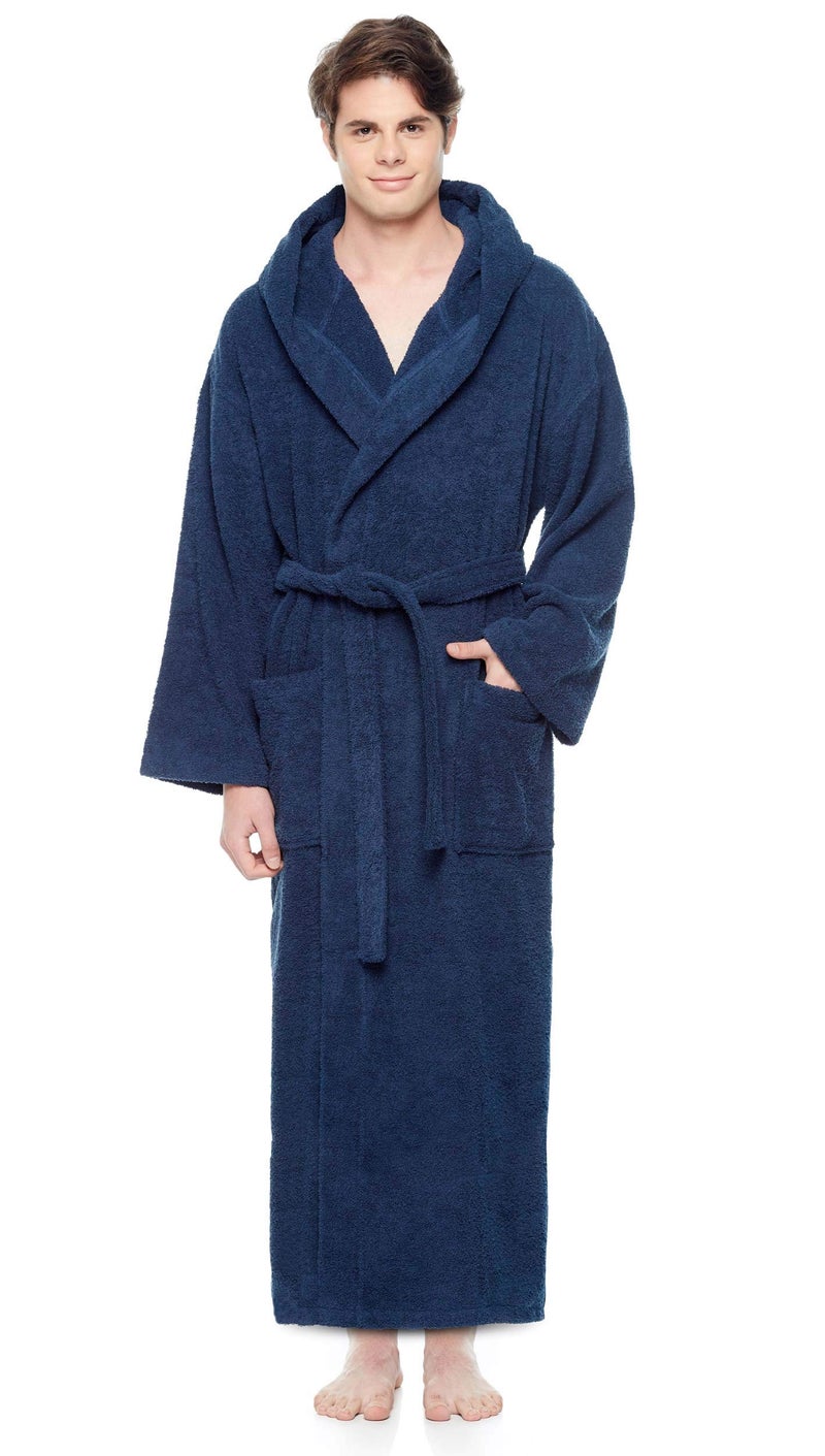 Arus Arus Mens Hooded Classic Turkish Cotton Bath Robe with Full Length Options Navy Blue, XX-Large  - Image 4