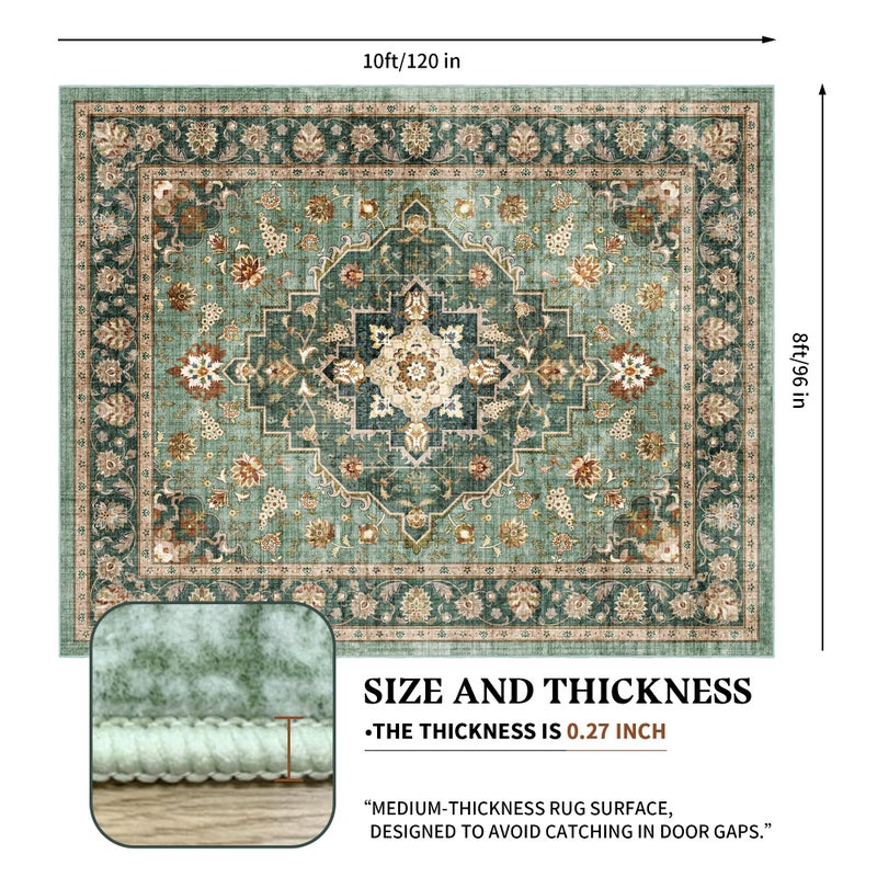 Brevonox Area Rug for Living Room - Indoor Machine Washable Vintage Rug for Bedroom Dinning Room Floor - Soft Floral Carpet Non-Slip Backing Low-Pile Rugs Office (Forest Green, 8' Ã— 10') - Image 2