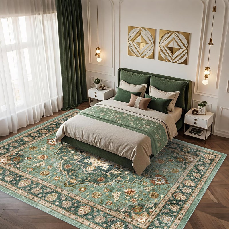 Brevonox Area Rug for Living Room - Indoor Machine Washable Vintage Rug for Bedroom Dinning Room Floor - Soft Floral Carpet Non-Slip Backing Low-Pile Rugs Office (Forest Green, 8' Ã— 10') - Image 4