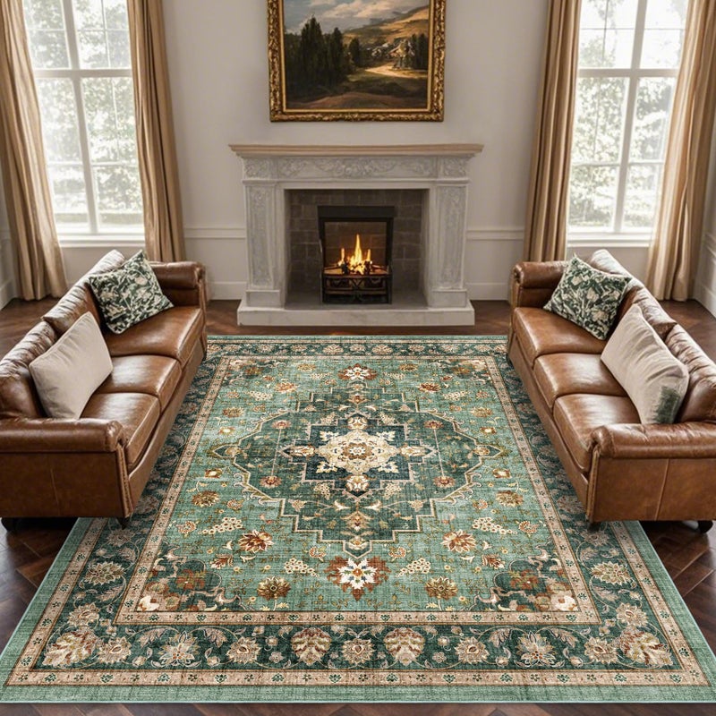 Brevonox Area Rug for Living Room - Indoor Machine Washable Vintage Rug for Bedroom Dinning Room Floor - Soft Floral Carpet Non-Slip Backing Low-Pile Rugs Office (Forest Green, 8' Ã— 10') - Image 1