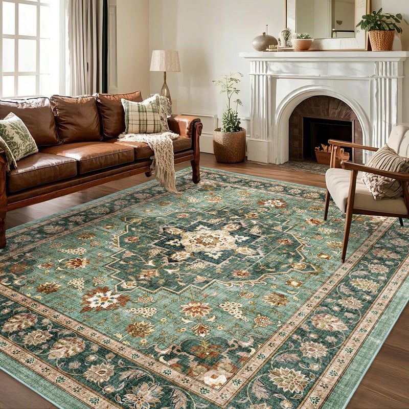 Brevonox Area Rug for Living Room - Indoor Machine Washable Vintage Rug for Bedroom Dinning Room Floor - Soft Floral Carpet Non-Slip Backing Low-Pile Rugs Office (Forest Green, 8' Ã— 10') - Image 3