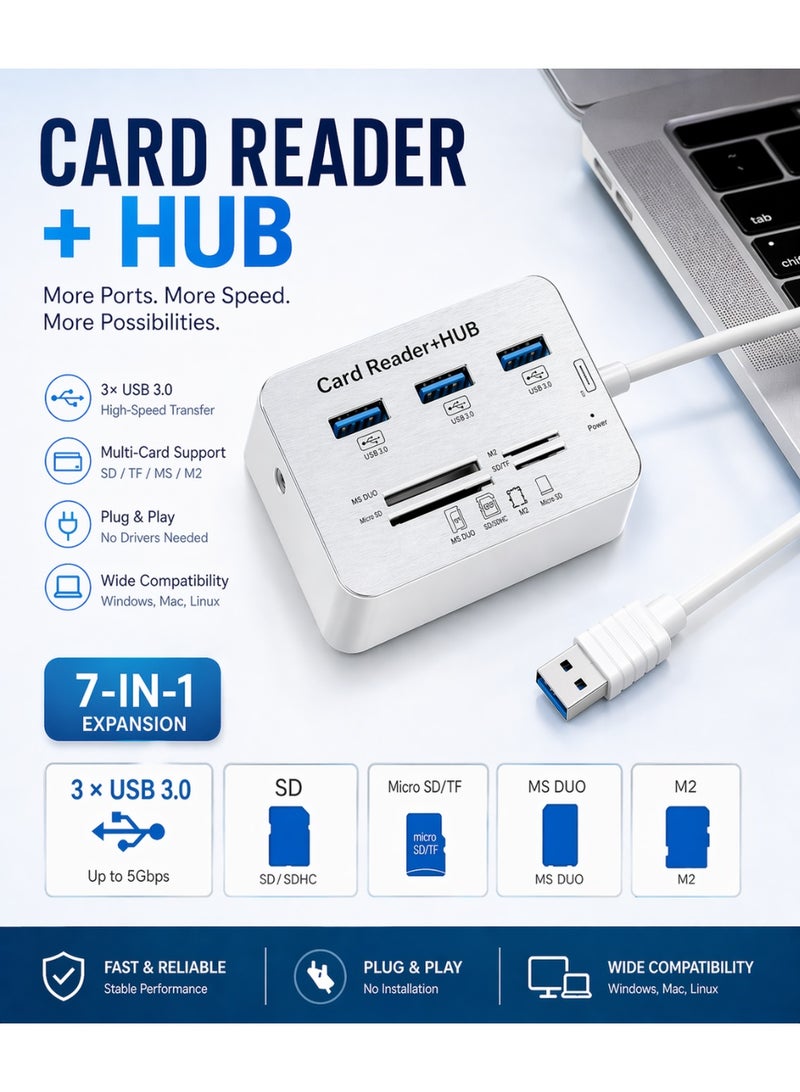 Hub 7-in-1 USB Hub with SD/TF Card Reader | USB 3.0 Multiport Adapter for Laptop, MacBook, PC - Image 1