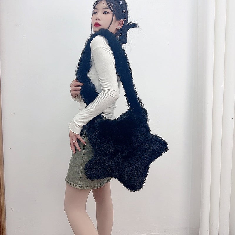 Large Capacity Plush Bag Women'S Shoulder Ins Casual Five-Pointed Star Crossbody Bag Cute All-Match Student Tote Bag - Image 3