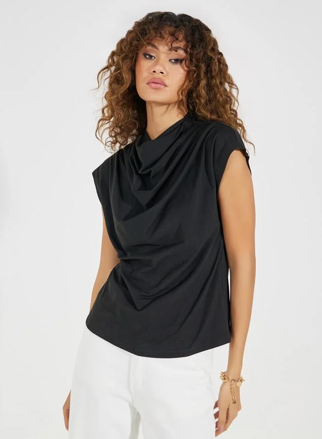 Styli Solid Cowl Neck Cap Sleeves Top