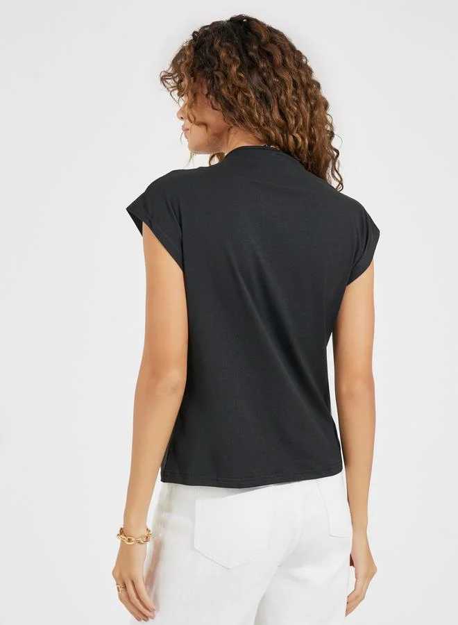 Styli Solid Cowl Neck Cap Sleeves Top