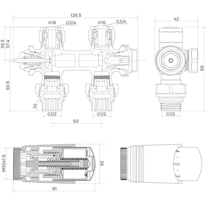 ANGLE RADIATOR VALVE VALVES FOR RADIATORS WITH BLOCK H CENTRAL CONNECTIONS 50 MM UNIVERSAL RADIATOR VALVE WITH THERMOSTATIC HEAD VALVE FOR RADIATOR ANTHRACITE - Image 2