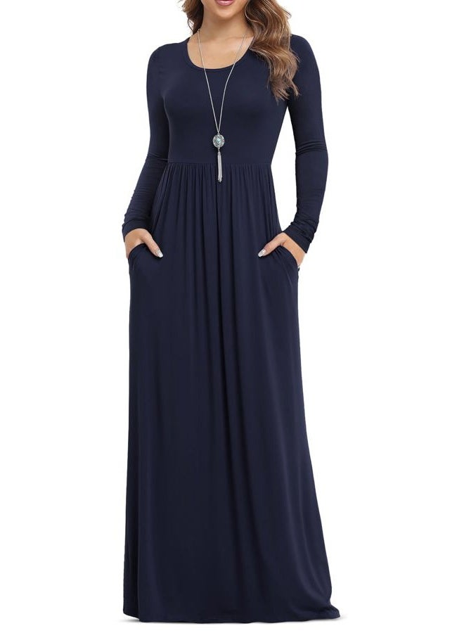 VIISHOW Women's Long Sleeve Loose Plain Maxi Dresses Casual Long Dresses with Pockets, 1-long Sleeve Navy Blue, L - Image 1