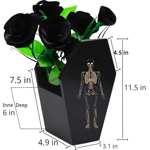 TOSOENPHY Halloween Kitchen Decor - Gothic Kitchen Accessories - Goth Coffin Utensil Holder, Dual-Sided Laser-Etched Skeleton, Solid Wood Large Capacity for Bats Spoons Skull Spatulas - Spooky Home Decor - Image 2
