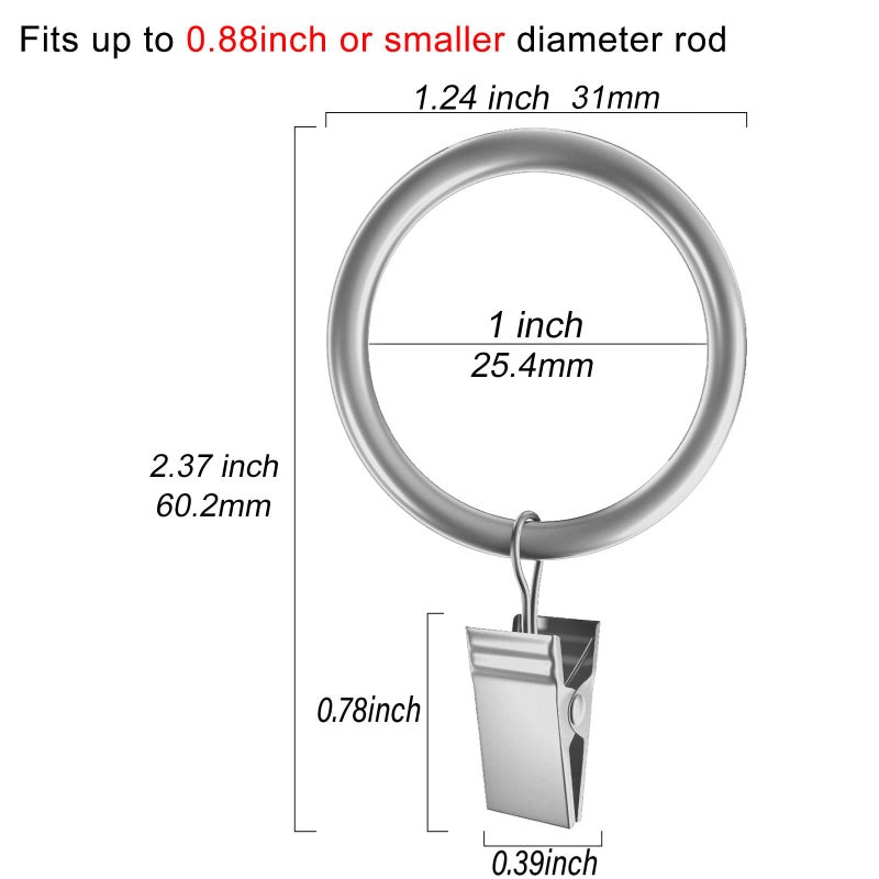 Lansian 20Pcs Rustproof Drapery Matte Stainless Steel Metal Curtain Rings With Clips Tension Curtain Hangers Clips  Decorative Curtain Rod Window  Matte Silver (1"" Interior Diameter) - Image 4