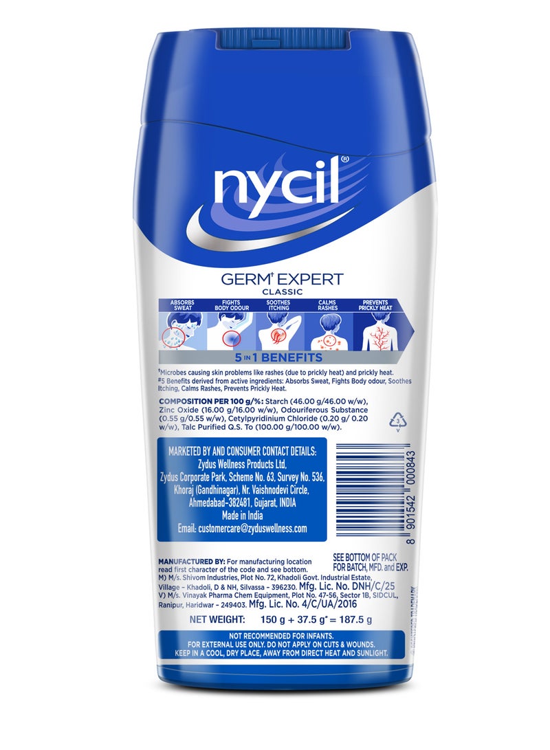 Nycil Germ Expert Powder Prickly heat Powder - Classic 150 g (Get 25% Extra) - Image 2