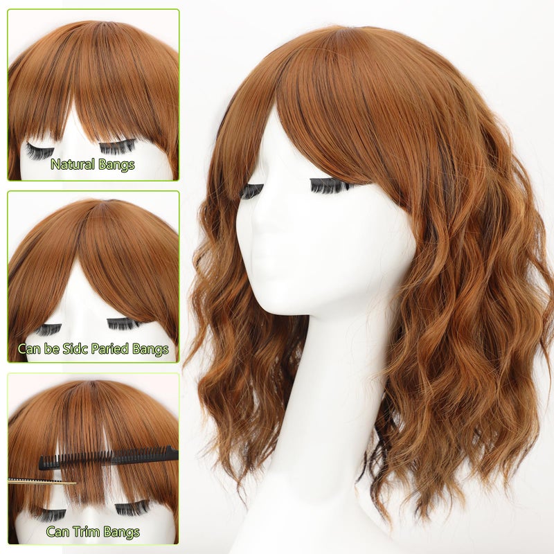 AISI HAIR Synthetic Wavy Curly Bob Wig with Bangs Cooper Blonde Short Wavy Hair for Women Synthetic Heat Resistant Bob Wigs - Image 2