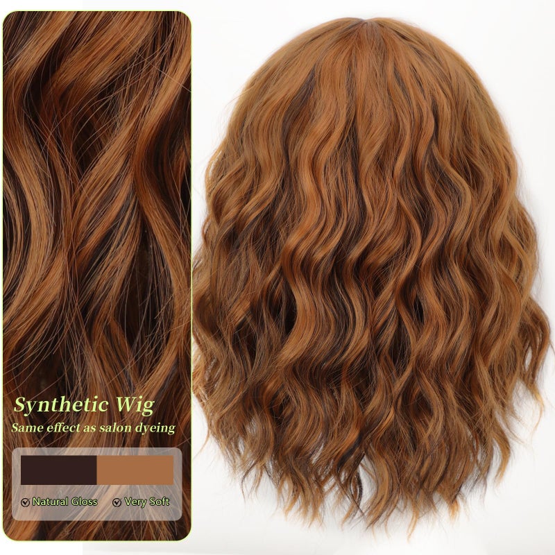 AISI HAIR Synthetic Wavy Curly Bob Wig with Bangs Cooper Blonde Short Wavy Hair for Women Synthetic Heat Resistant Bob Wigs - Image 3