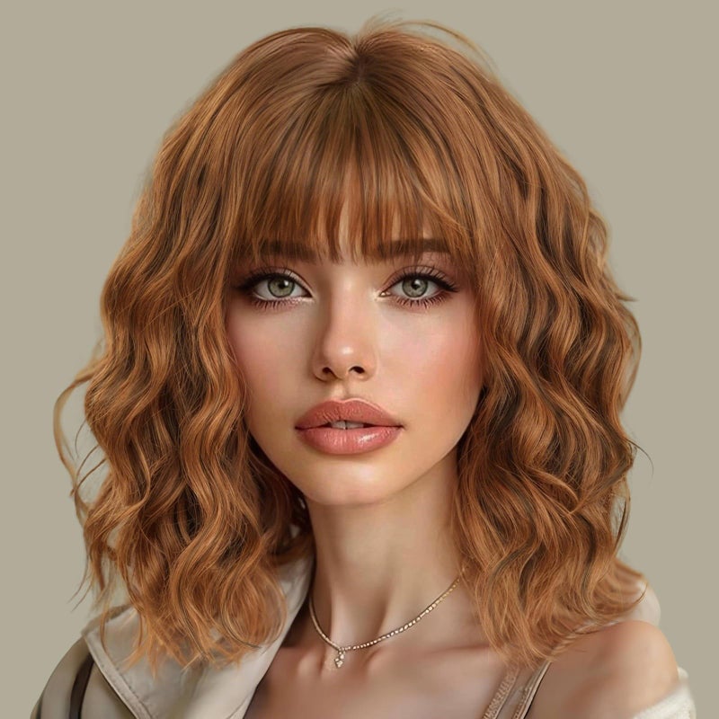 AISI HAIR Synthetic Wavy Curly Bob Wig with Bangs Cooper Blonde Short Wavy Hair for Women Synthetic Heat Resistant Bob Wigs - Image 1