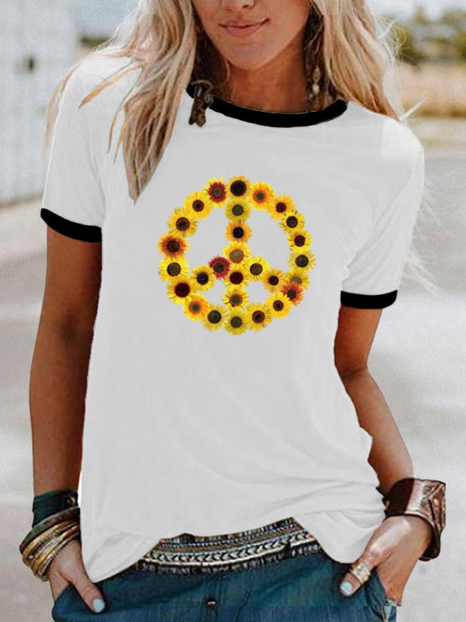 wish sunflower peace pattern printed edge contrast short sleeve t-shirt - Image 1