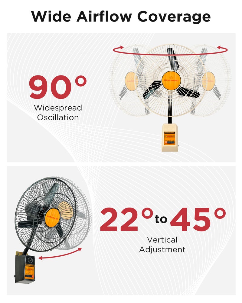 Almonard 18" (450Mm) Mark-Ii Wall Fan - Wall Mounted Fan For Home & Kitchen W/ 3 Speed Settings & Cast Aluminum Metal Blades - 90 Degree Oscillating High Speed Wall Fan With Adjustable Tilt - Black - Image 3