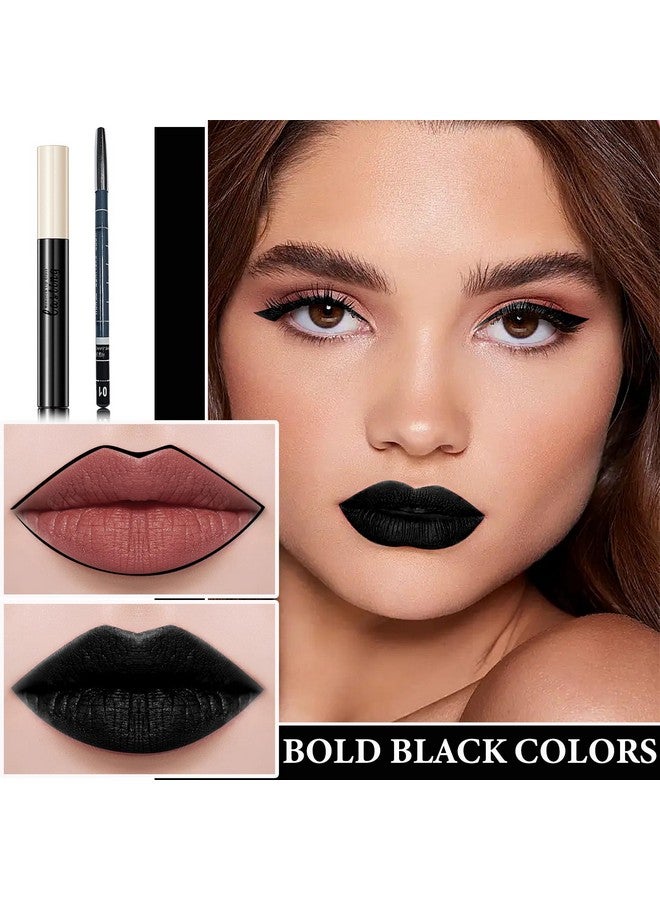 WYBLZPXZ 2Pcs Matte Lipstick And Lipliner Setvelvet Liquid Lipgloss Set Nonstick Cup Black Lip Gloss Lip Linerhigh Pigmented Black Lipstick Long Lasting Waterproof Lip Stain Set For Women Halloween Goth Mak - Image 2