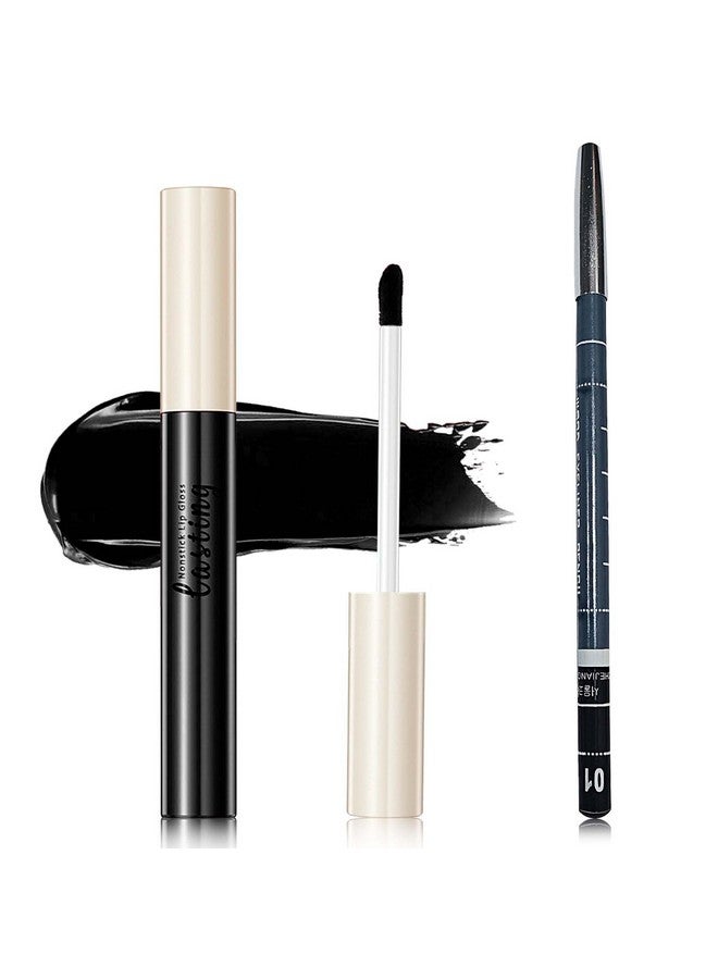 WYBLZPXZ 2Pcs Matte Lipstick And Lipliner Setvelvet Liquid Lipgloss Set Nonstick Cup Black Lip Gloss Lip Linerhigh Pigmented Black Lipstick Long Lasting Waterproof Lip Stain Set For Women Halloween Goth Mak - Image 1