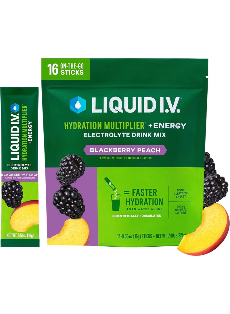 Liquid I.V. Blackberry Peach Hydration + Energy Multiplier | Electrolyte Powder Drink Blend | 1 Pack (14 Servings)
