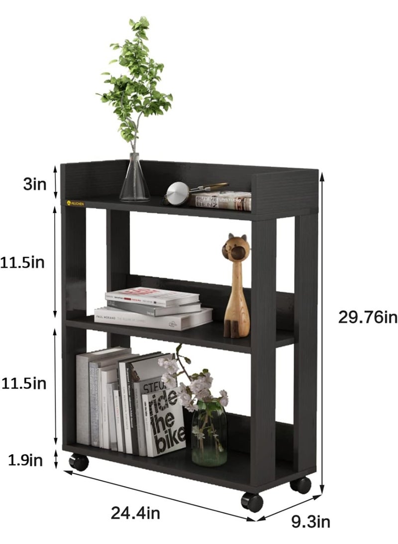 MIN WIN 3 Tier Open Bookshelf,Small Bookshelves Storage Display Shelf with Universal Wheels,Movable Standing Shelf Units,Wood Storage Rack for Small Spaces Home Office Bookcases Book Shelves, Black - Image 3