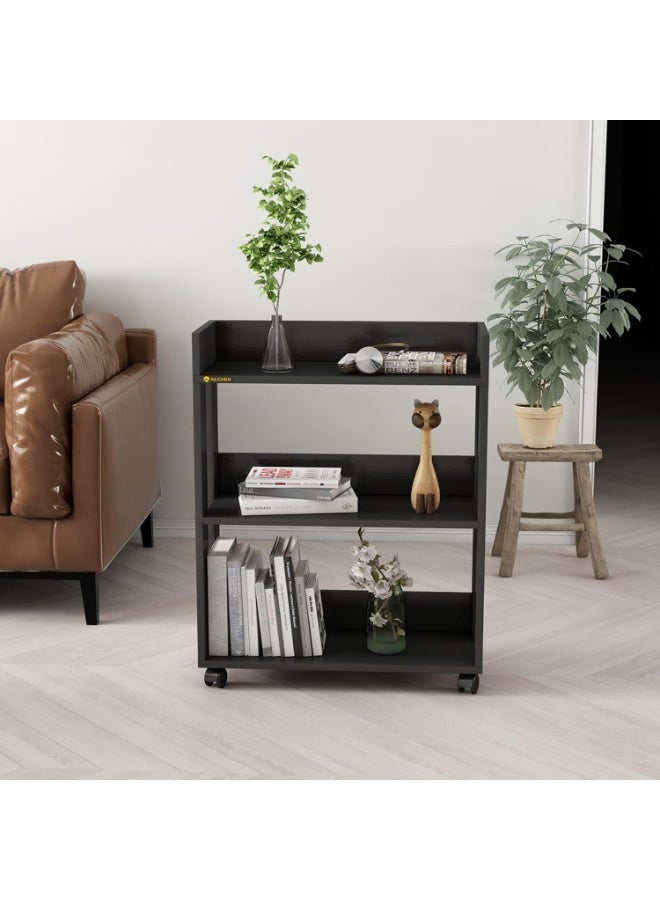 MIN WIN 3 Tier Open Bookshelf,Small Bookshelves Storage Display Shelf with Universal Wheels,Movable Standing Shelf Units,Wood Storage Rack for Small Spaces Home Office Bookcases Book Shelves, Black - Image 4