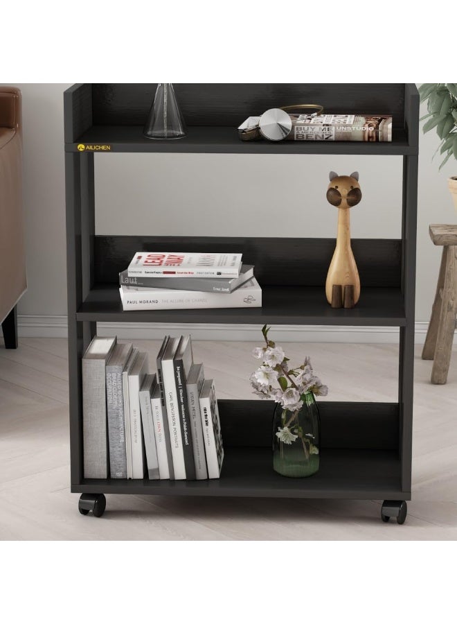 MIN WIN 3 Tier Open Bookshelf,Small Bookshelves Storage Display Shelf with Universal Wheels,Movable Standing Shelf Units,Wood Storage Rack for Small Spaces Home Office Bookcases Book Shelves, Black - Image 5