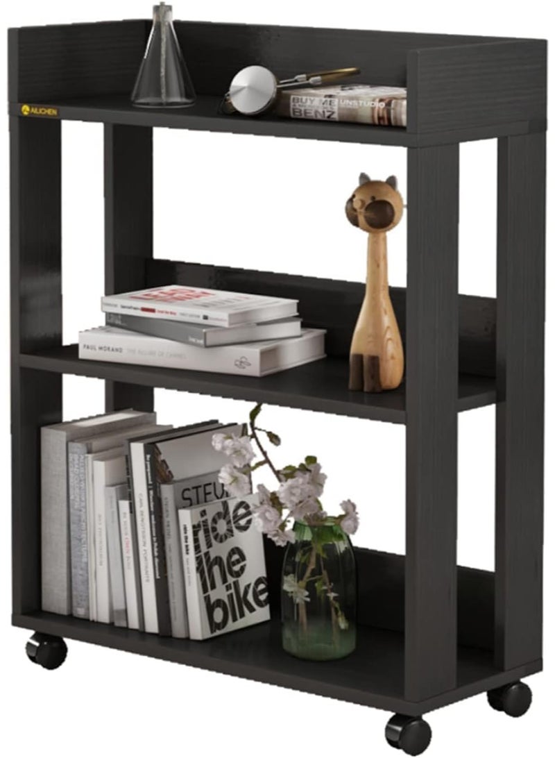 MIN WIN 3 Tier Open Bookshelf,Small Bookshelves Storage Display Shelf with Universal Wheels,Movable Standing Shelf Units,Wood Storage Rack for Small Spaces Home Office Bookcases Book Shelves, Black - Image 1
