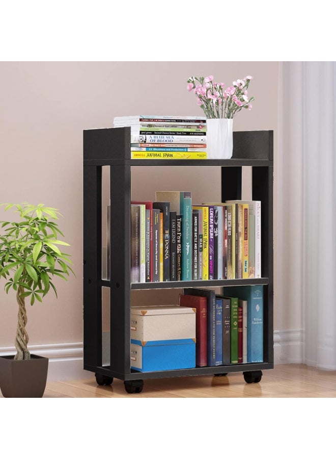 MIN WIN 3 Tier Open Bookshelf,Small Bookshelves Storage Display Shelf with Universal Wheels,Movable Standing Shelf Units,Wood Storage Rack for Small Spaces Home Office Bookcases Book Shelves, Black - Image 2
