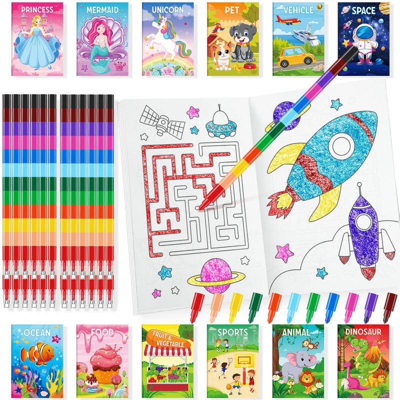 Coloring Books for Kids With Stacking Crayons Set Mini Coloring Books Bulk for Ages 4-8-12 Small Activity Books for Birthday Party Gifts Goodie Bags Stuffers Travel（24+24Pcs Classic）