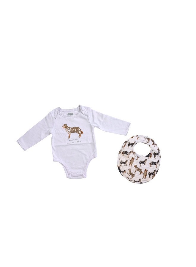 MUD PIE Baby Dog Breed Bodysuit and Bib Set, Aussie, 0-6 Months - Image 1