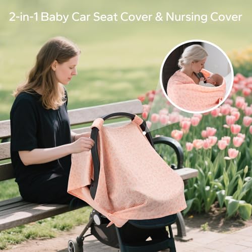 SERAPHY 2-in-1 Muslin Baby Car Seat Cover & Nursing Cover, Soft Lightweight Breastfeeding Cover for Boys and Girls,Breathable Canopy for Infant Carseat & Stroller for Summer—Love - Image 4