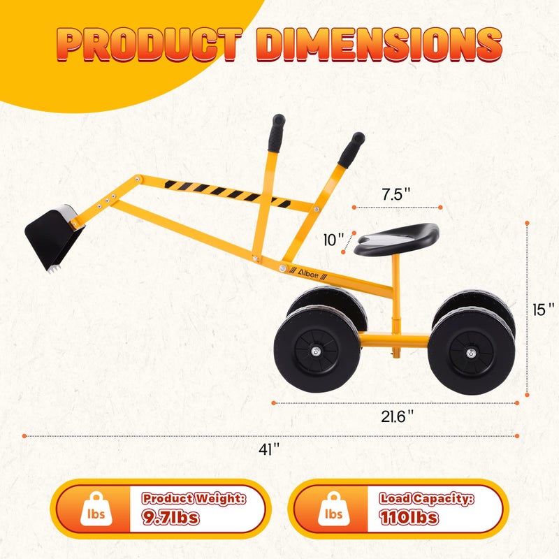 Albott Ride On Sand Digger Excavator Toys Working Crane with 8 inches Wheels and 360Â° Rotation Seat (Yellow) - Image 3