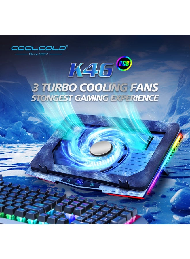 COOLCOLD Gaming Laptop Cooling Pad, RGB Laptop Cooler with 3 Powerful Turbofans, 5 Height Adjustable Laptop Cooling Stand, 5 Fan Speed Touch Control, Seal Memory Foam for Cooling 12-19.3 inch Laptop  - Image 2