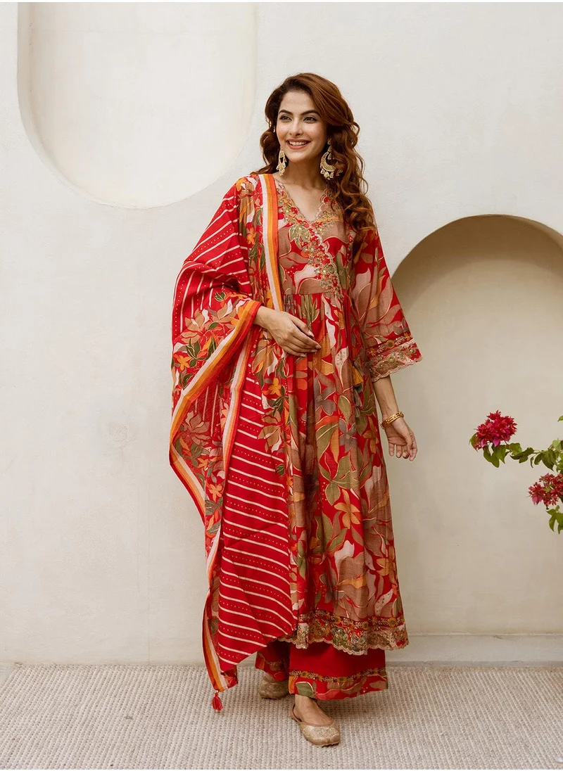 آي شين Women's Red Modal Muslin Printed Tunic Full Length Palazzo Straight Fit Kurta Set