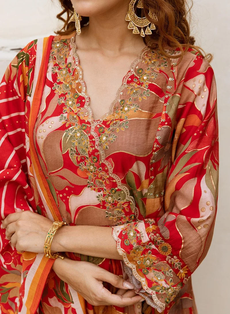 ISHIN Women's Red Modal Muslin Printed Tunic Full Length Palazzo Straight Fit Kurta Set