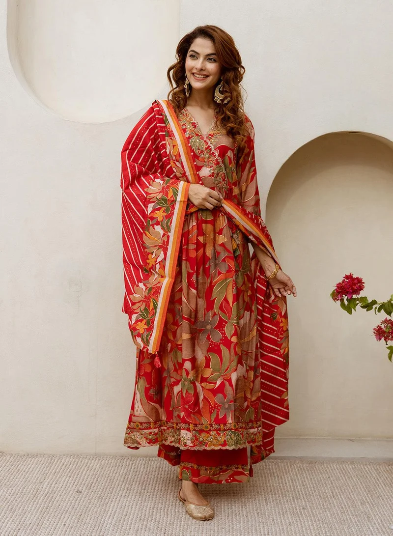 ISHIN Women's Red Modal Muslin Printed Tunic Full Length Palazzo Straight Fit Kurta Set
