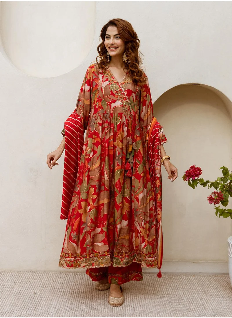 آي شين Women's Red Modal Muslin Printed Tunic Full Length Palazzo Straight Fit Kurta Set