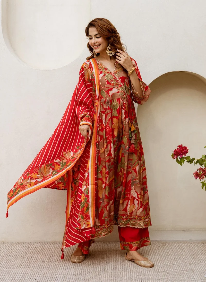 ISHIN Women's Red Modal Muslin Printed Tunic Full Length Palazzo Straight Fit Kurta Set