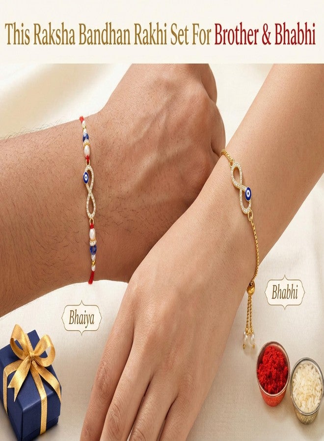 SUPER SOFTENER Infinity Evil Eye Couple Bracelet Rakhi Set for Bhaiya Bhabhi | Raksha Bandhan Rakhi Bracelet Combo for Brother & Sister-in-Law | Infinity Design Rakhi with Roli Tilak & Greeting Card - Image 2