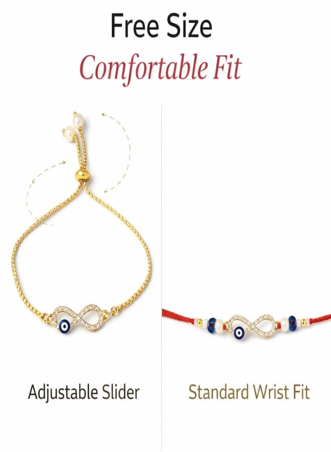 SUPER SOFTENER Infinity Evil Eye Couple Bracelet Rakhi Set for Bhaiya Bhabhi | Raksha Bandhan Rakhi Bracelet Combo for Brother & Sister-in-Law | Infinity Design Rakhi with Roli Tilak & Greeting Card - Image 4