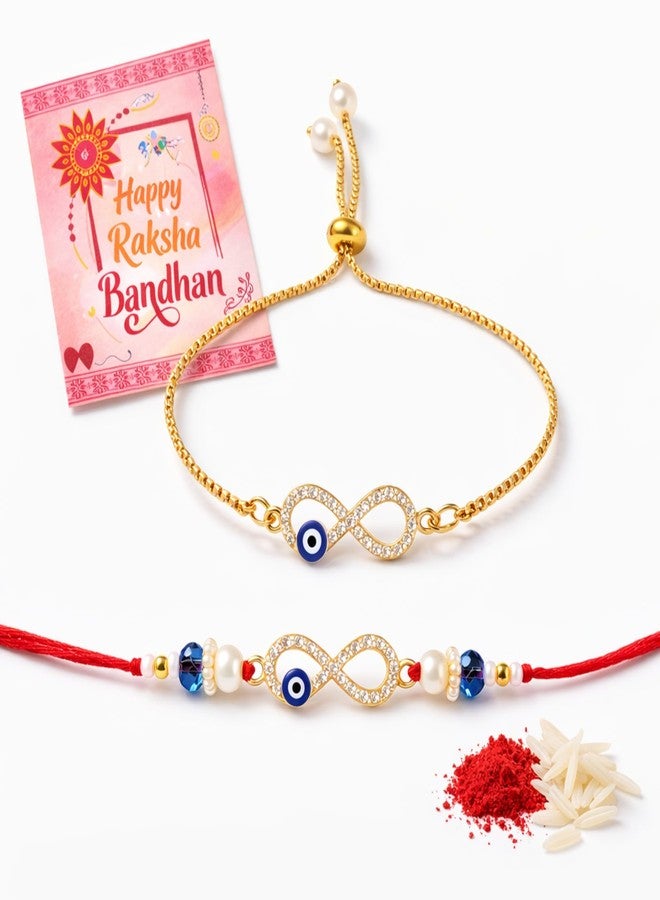 SUPER SOFTENER Infinity Evil Eye Couple Bracelet Rakhi Set for Bhaiya Bhabhi | Raksha Bandhan Rakhi Bracelet Combo for Brother & Sister-in-Law | Infinity Design Rakhi with Roli Tilak & Greeting Card - Image 1