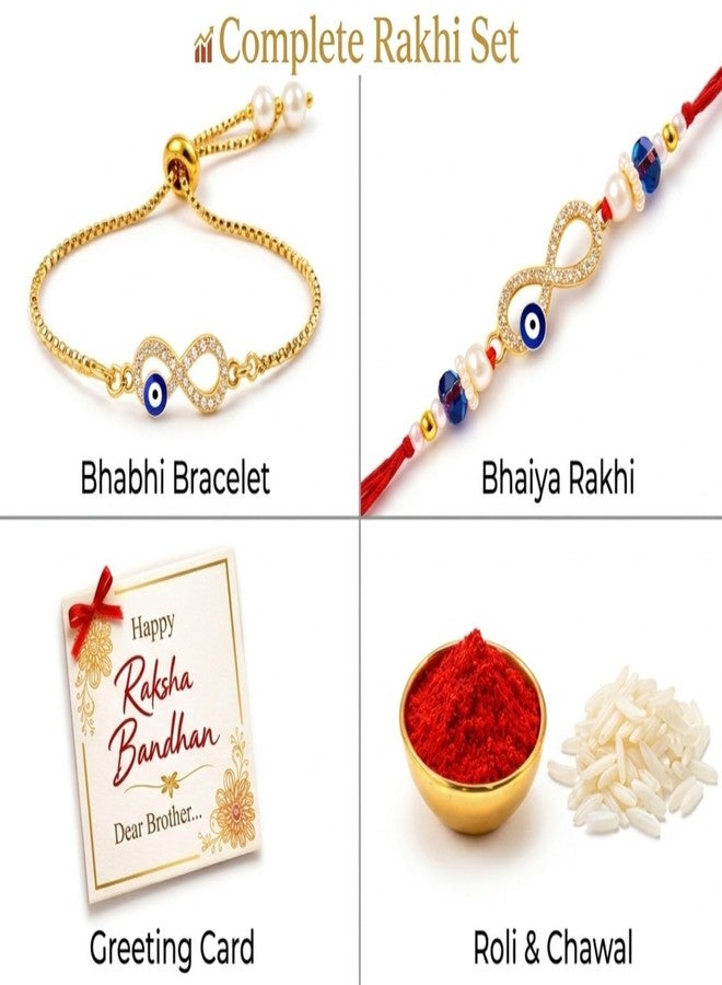 SUPER SOFTENER Infinity Evil Eye Couple Bracelet Rakhi Set for Bhaiya Bhabhi | Raksha Bandhan Rakhi Bracelet Combo for Brother & Sister-in-Law | Infinity Design Rakhi with Roli Tilak & Greeting Card - Image 5