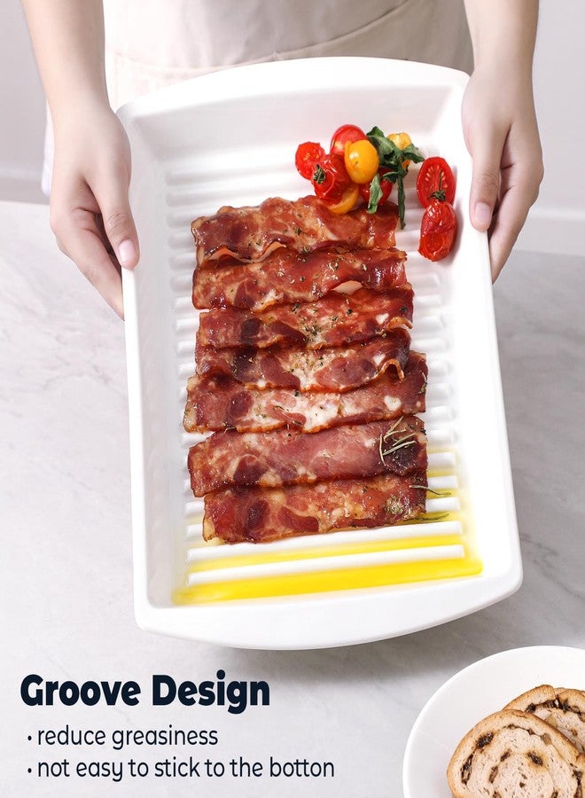 Dizada Microwave Bacon Tray 13"x10" Set of 2 - Porcelain Bacon Cooker for Microwave, Ceramic Bacon Rack for Sausages, Hot Dogs, Dishwasher Freezer Safe - Image 2