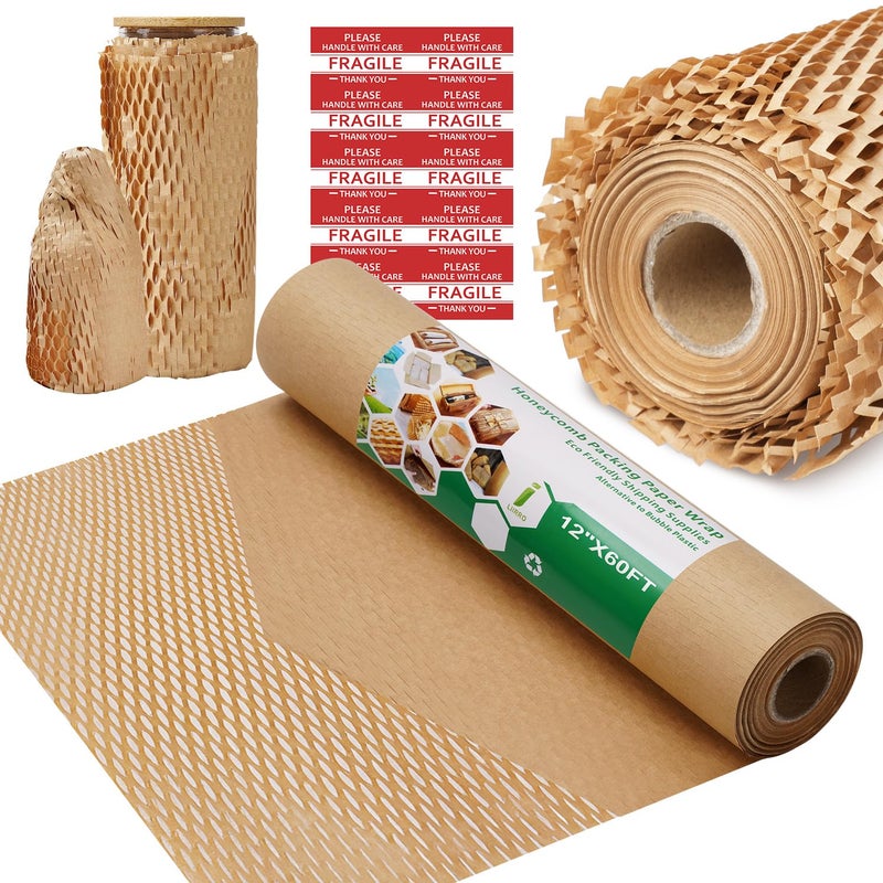 liirro Honeycomb Packing Paper Wrap 12"x60' Recycled Bubble Cushioning Wrapp Roll Eco Friendly Shipping Moving Wrap Packing Supplies Material with 10 Fragile Sticker Labels - Image 1
