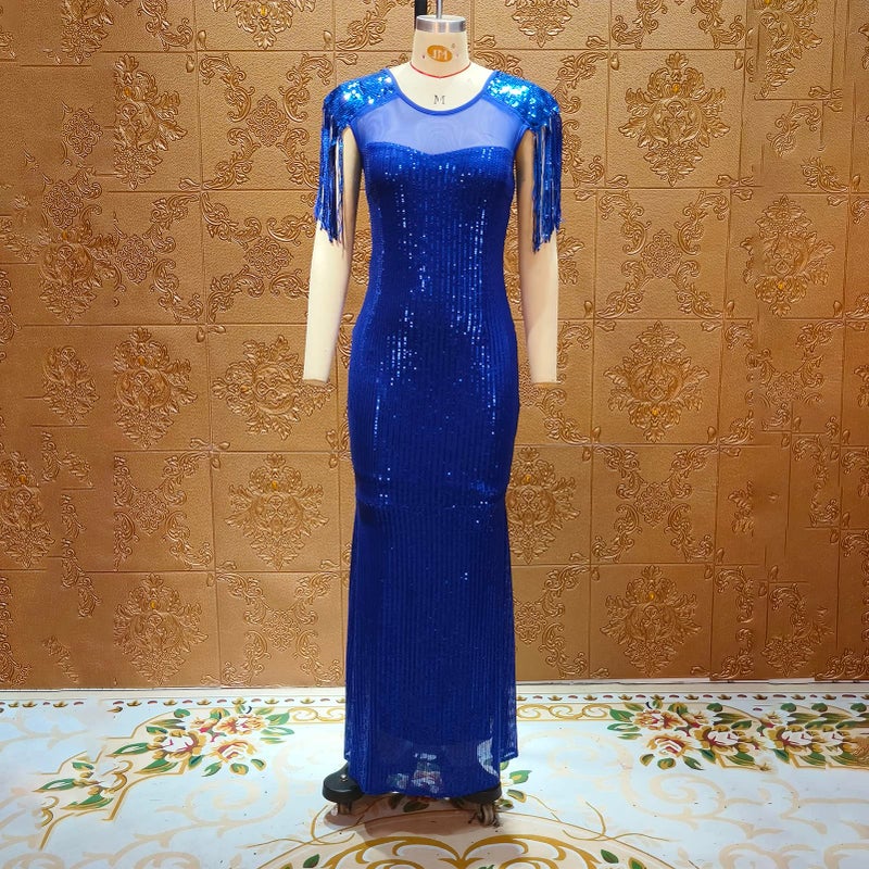Cololura Sexy Sequin Tassel Mesh Perspective Party Cocktail Bodycon Evening Club Maxi Dress Blue - Image 5
